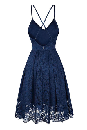 Blue Lace Floral V Neck Backless Cocktail A-Line Dress