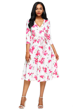 Fuchsia Blossom Print White Wrap Floral Dress