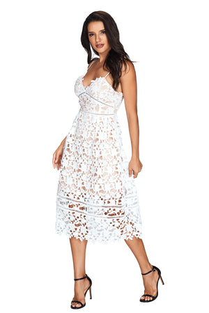 White Lace Hollow Out Nude Illusion Party Dress