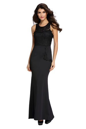 Lace Embellished Sleeveless Maxi Evening Dress