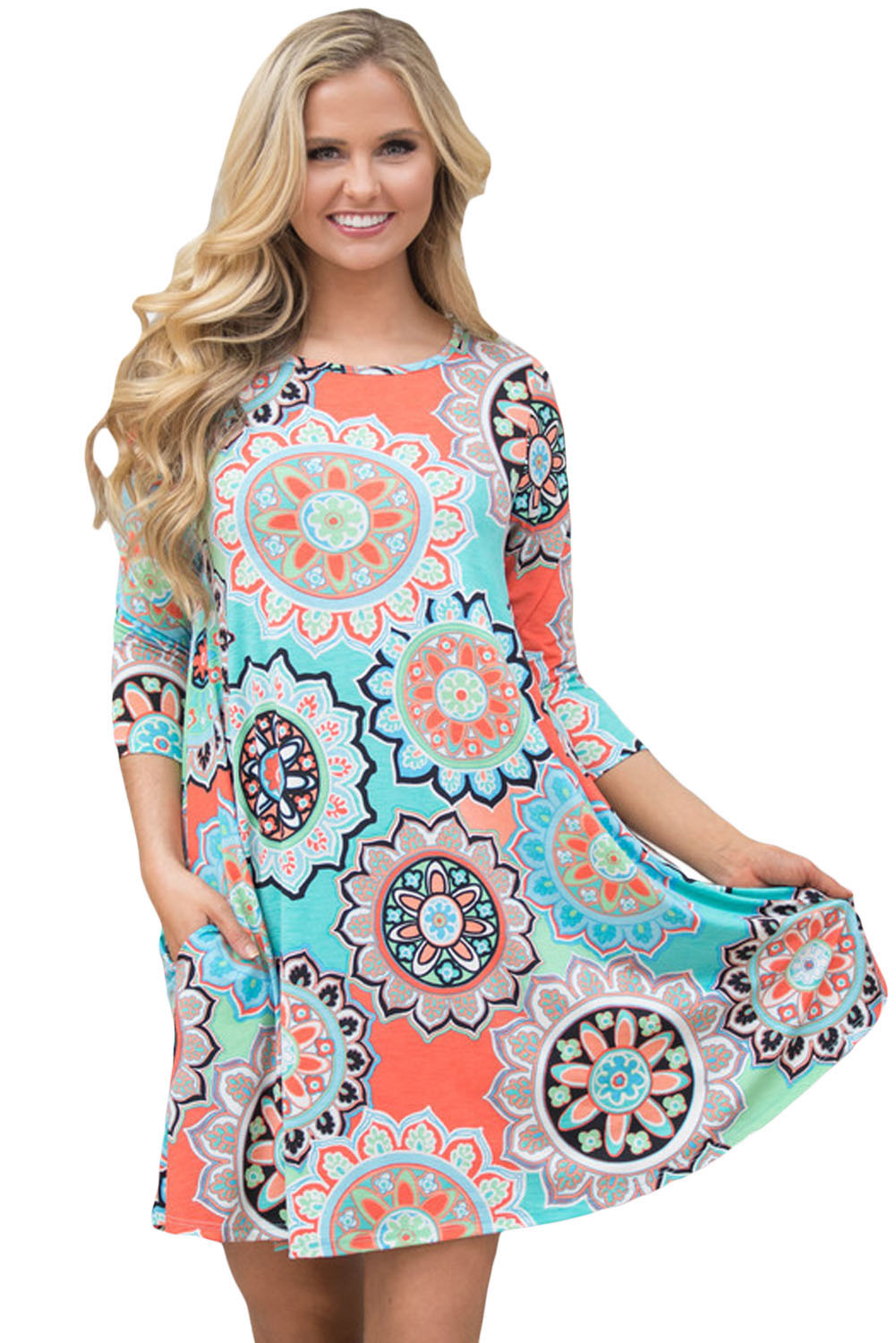 Bohemian Sunflower Print Aqua Blue Dress