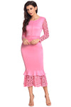 Pink Hollow-out Long Sleeve Lace Ruffle Bodycon Midi Dress
