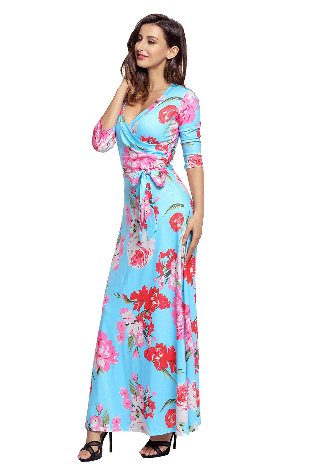 Cyan Floral Print Wrapped Long Boho Dress