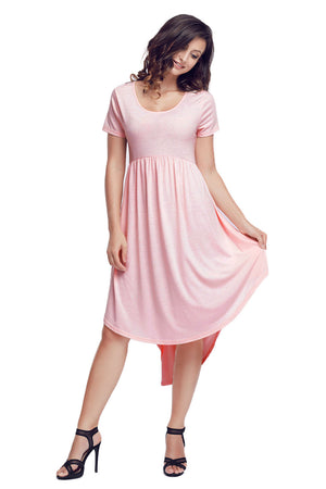 Pink Short Sleeve High Low Pleated Casual Swing Dress