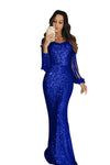 Blue Sequin Fringe Sleeve Party Maxi Evening Dress