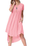 Pink Short Sleeve High Low Pleated Casual Swing Dress