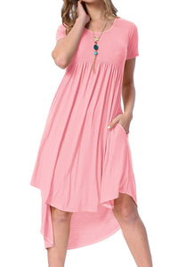 Pink Short Sleeve High Low Pleated Casual Swing Dress