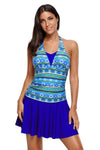 Aztec Print Royal Blue Halterneck One Piece Swimdress