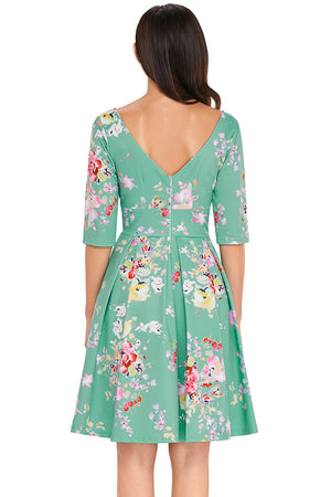 Mint Vintage Style Floral Half Sleeve Swing Dress