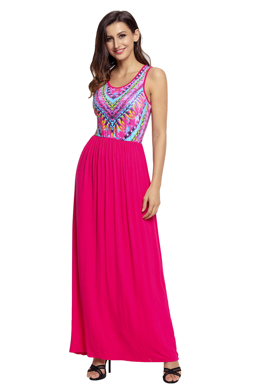 Stylish Tribal Print Sleeveless Rosy Maxi Dress