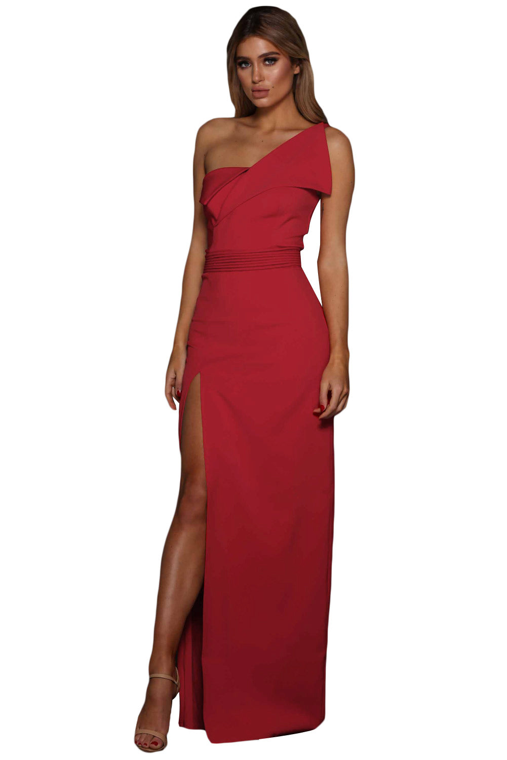 Red Asymmetric One Shoulder Floor Length Party Dress