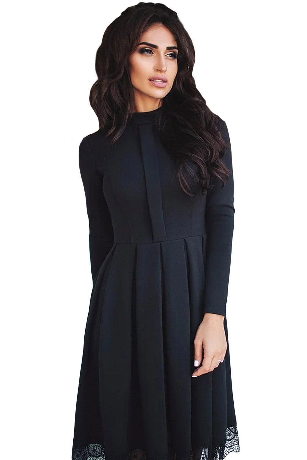 Lace Hemline Detail Black Long Sleeve Skater Dress