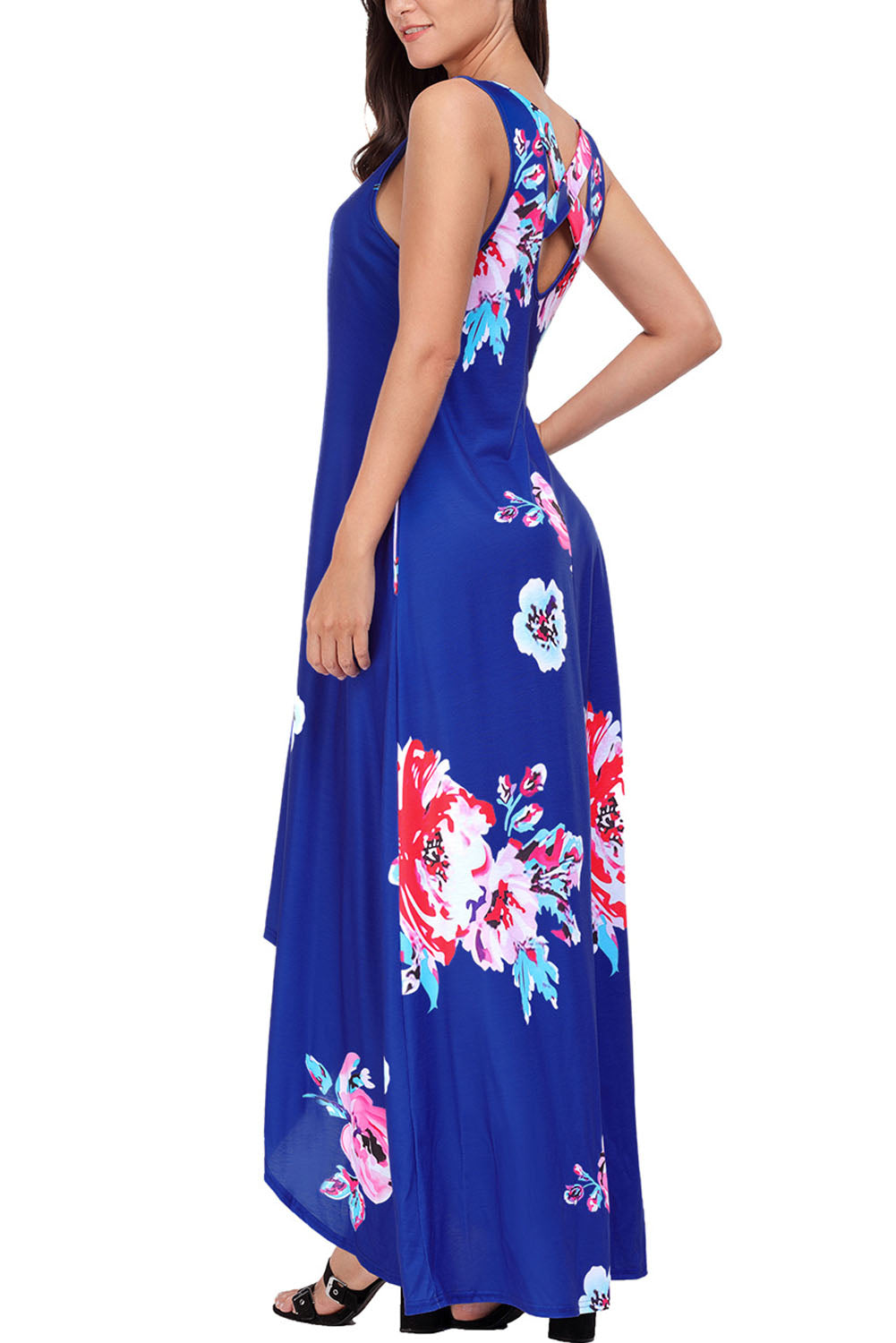 Blue Floral Pocketed Holiday Maxi Boho Dress