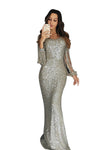 Nude Sequin Fringe Sleeve Party Maxi Evening Dress