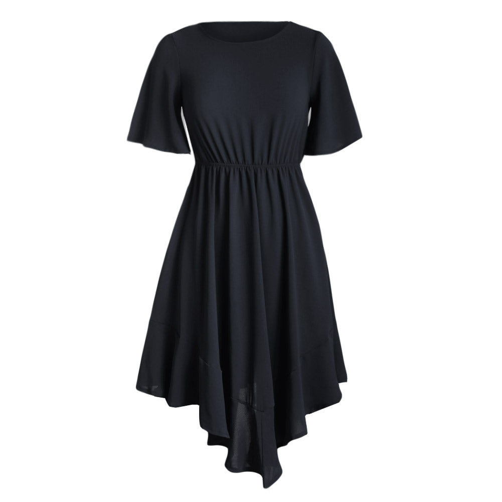 Black Chiffon Irregular Hem Short Sleeve Pleated Dress