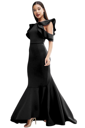 Black Celeb Style Ruffle Extreme Fishtail Maxi Dress