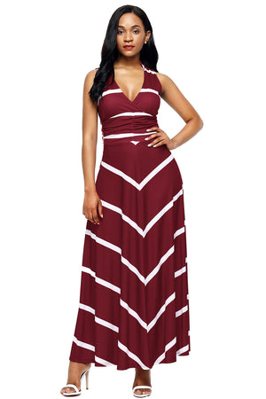 Wine V Neck Cut out Back Printed Maxi Dress