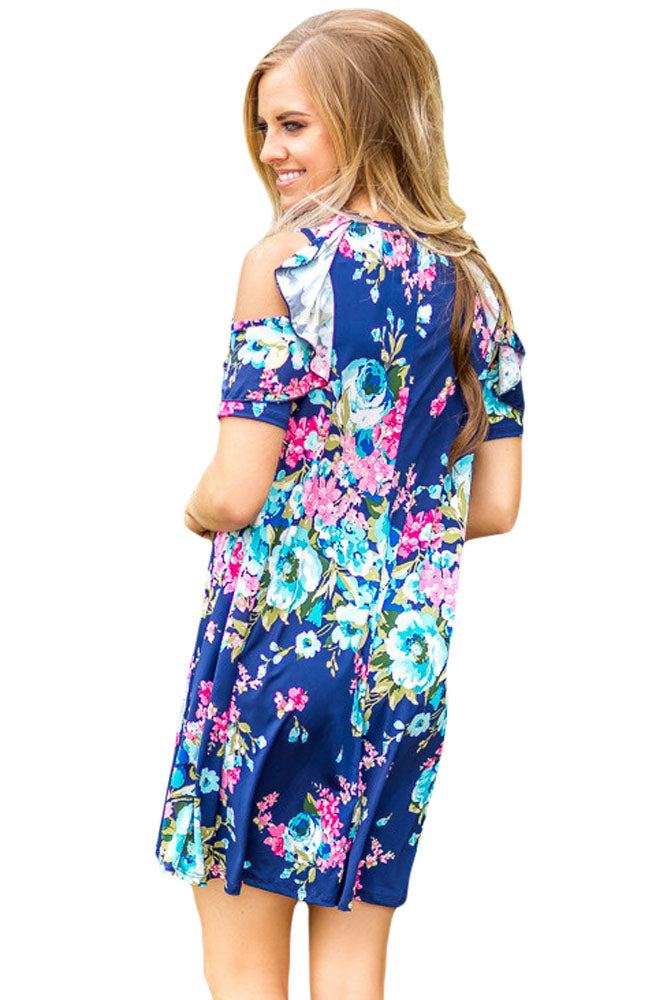 Ruffled Cold Shoulder Blue Floral Dress