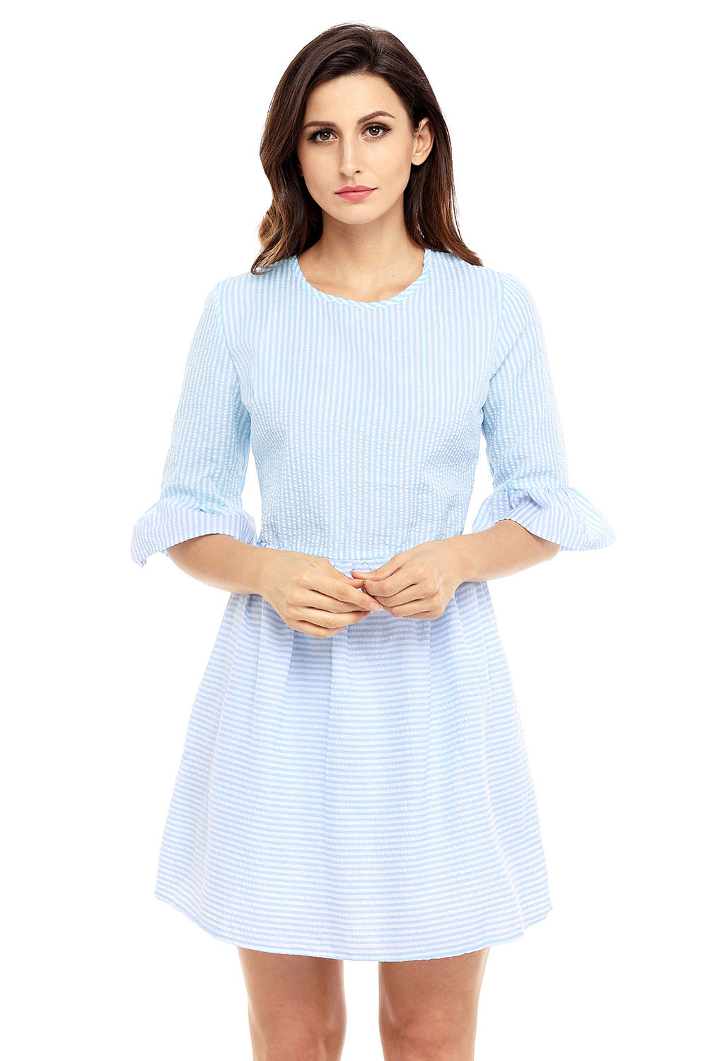 Blue White Stripe Flounce Sleeve Seersucker Dress