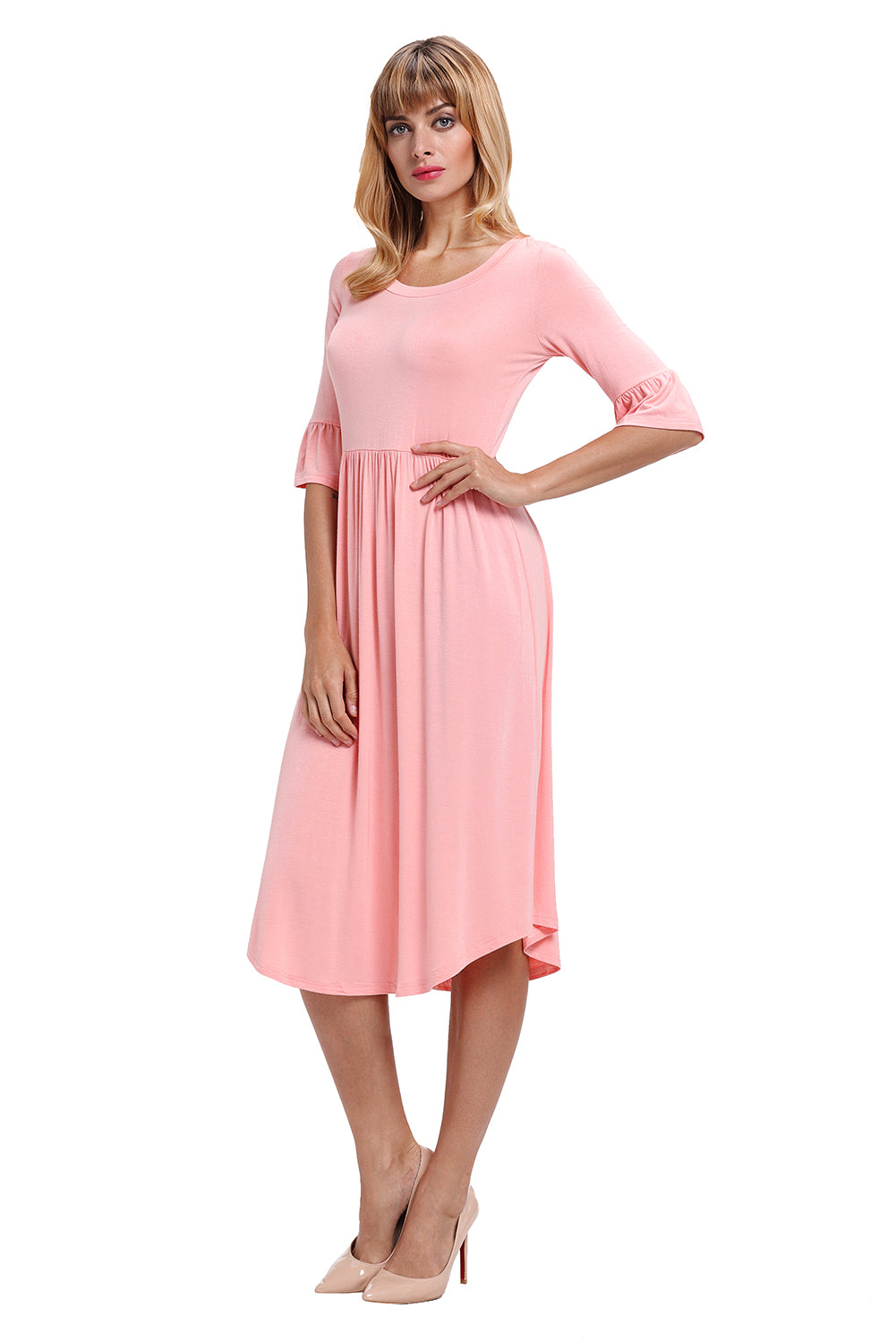 Pink Ruffle Sleeve Midi Jersey Dress