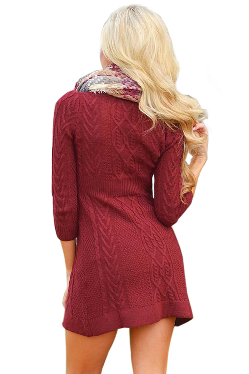 Burgundy Cable Knit Fitted 3/4 Sleeve Sweater Dress