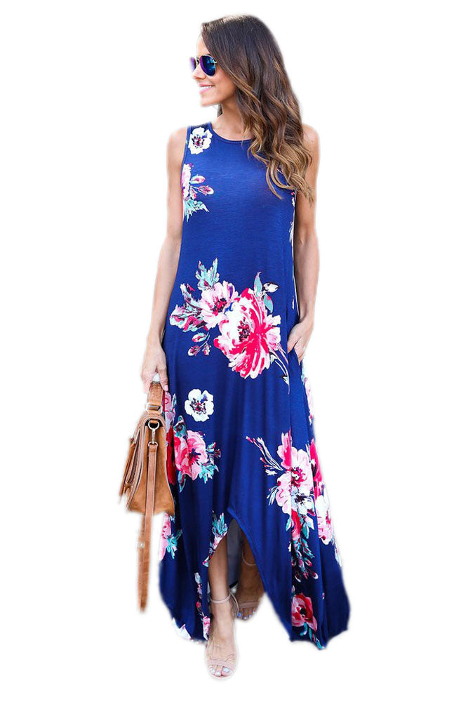 Blue Floral Pocketed Holiday Maxi Boho Dress