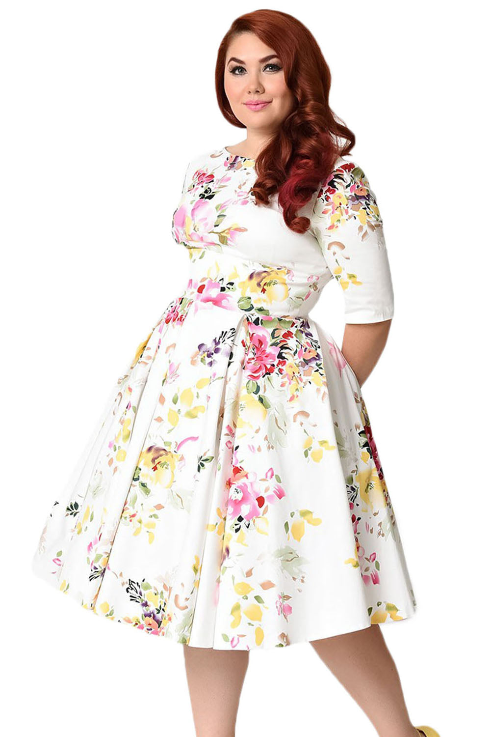 White Vintage Style Floral Half Sleeve Swing Dress