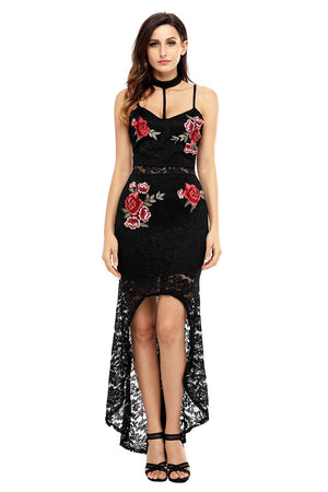 Black Floral Lace Choker High Low Dress