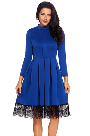 Lace Hemline Detail Royal Blue Long Sleeve Skater Dress
