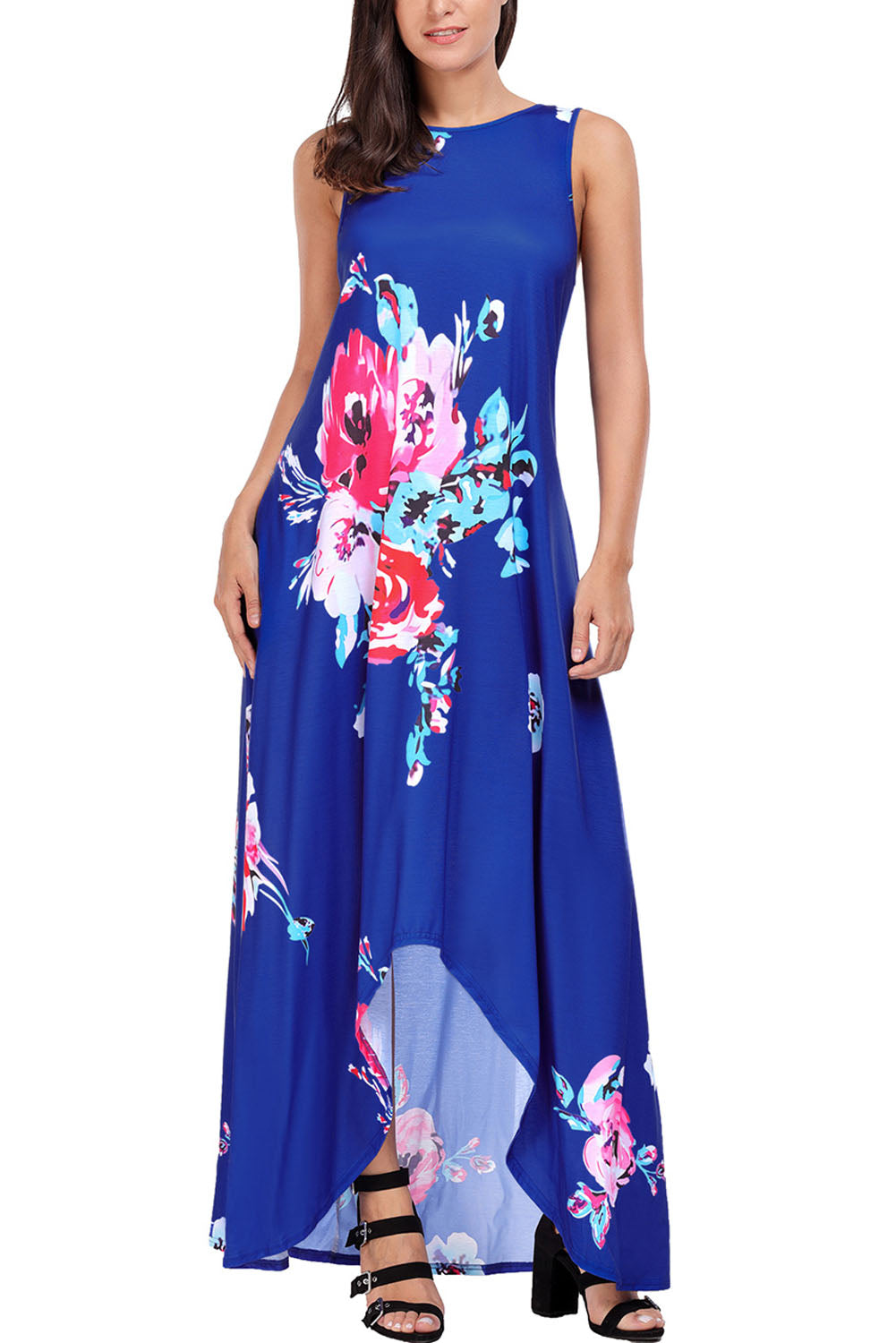Blue Floral Pocketed Holiday Maxi Boho Dress