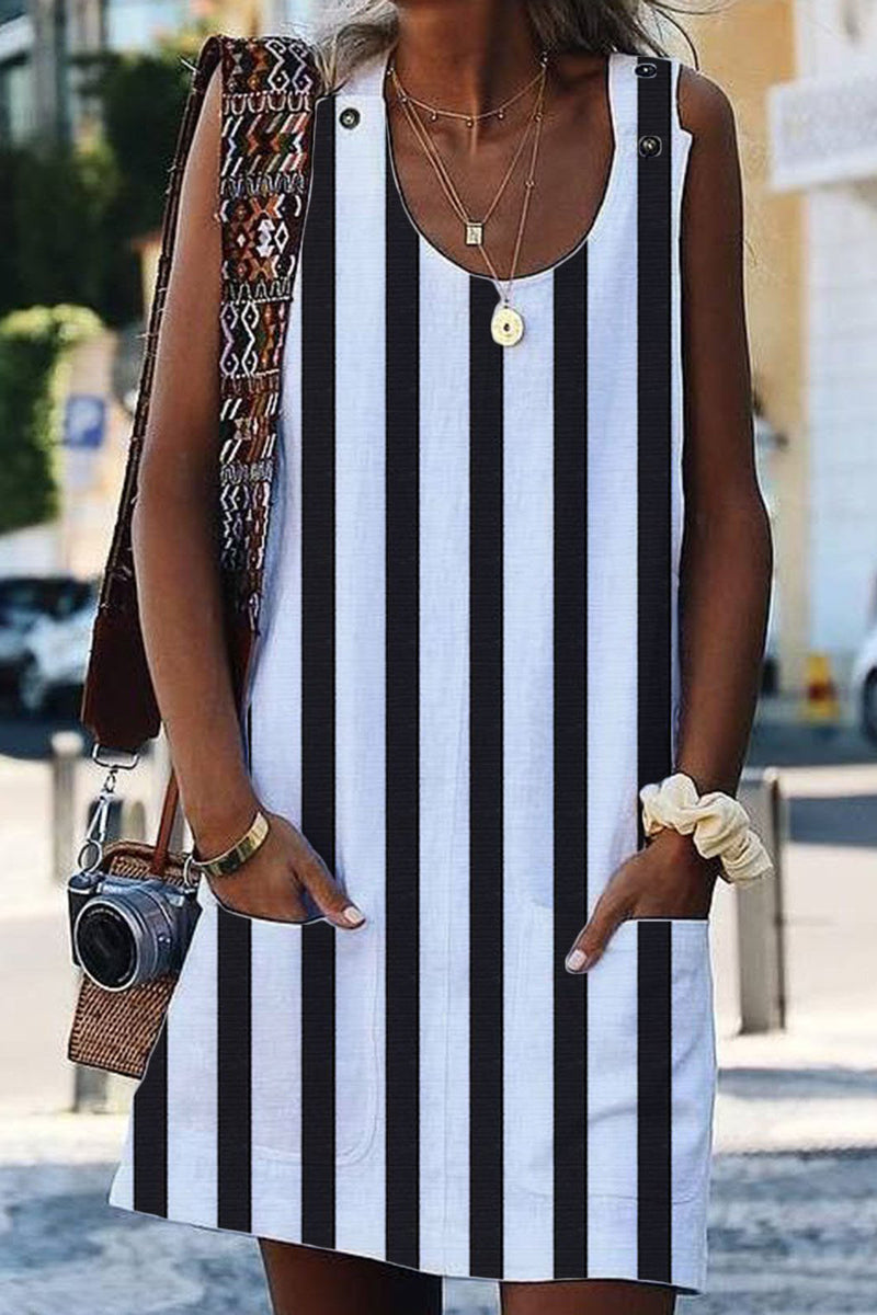White Boho Crew Neck Pockets Daily Striped Shift Dress