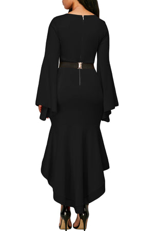 Black Bell Sleeve Dip Hem Belted Dress