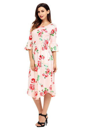 Pink 3/4 Bell Sleeve Floral Midi Dress