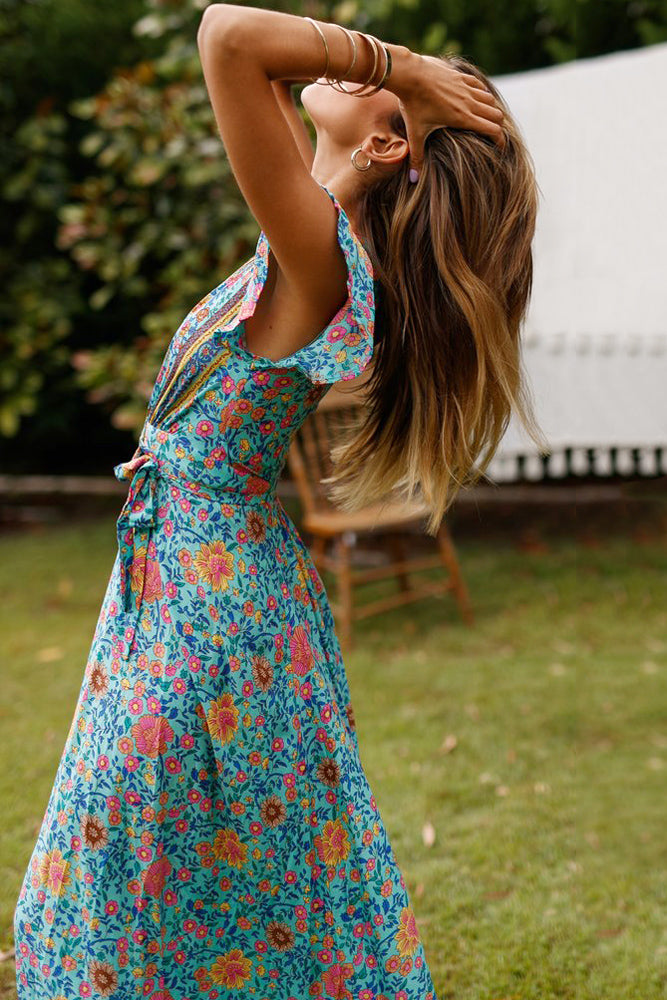 Sky Blue V-Neck Beach Resort Printed Dress