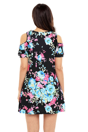 Ruffled Cold Shoulder Black Floral Dress