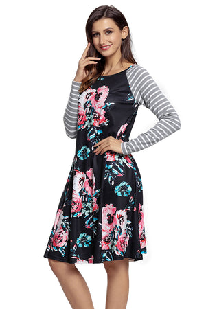 Black Floral Print Stripe Raglan Sleeve Dress