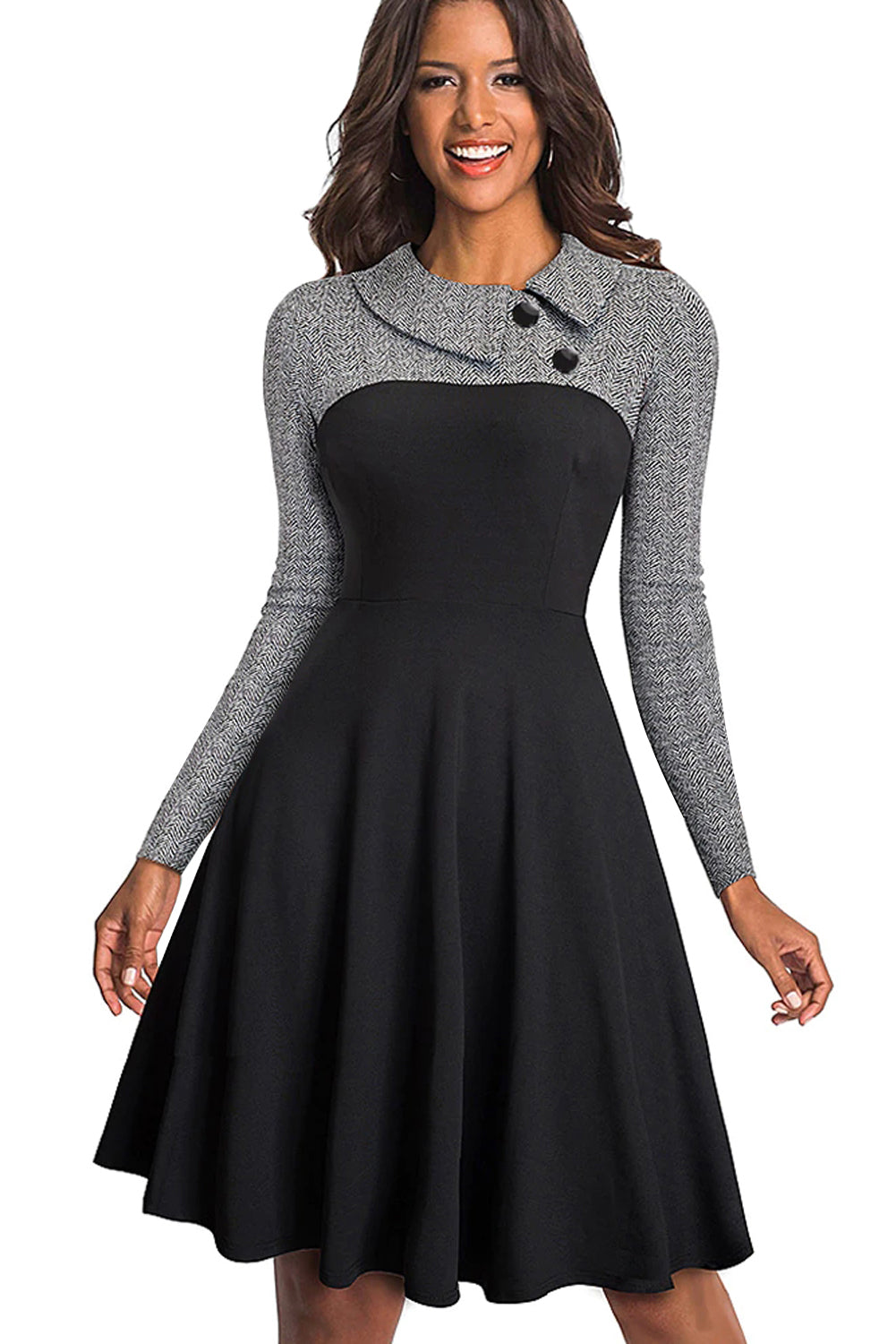 Gray Vintage Turn-Down Collar Pinup Button A-Line Dress