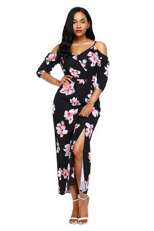 Black Cold Shoulder Floral Slit Maxi Dress