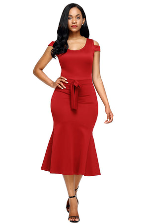 Burgundy Cold Shoulder Bow Detail Mermaid Dress