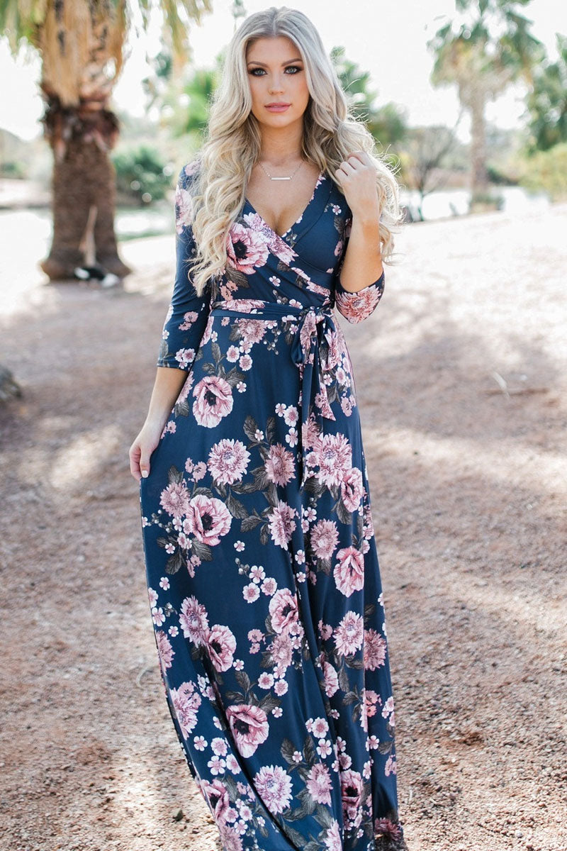 Navy Blue Blooming Flower Print Wrap V Neck Boho Dress