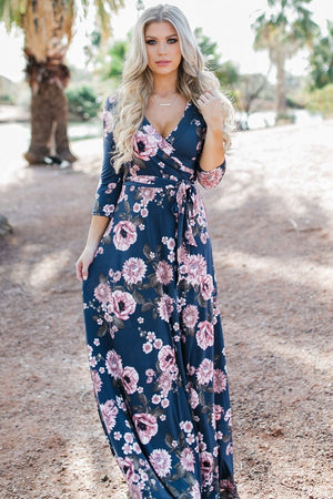 Navy Blue Blooming Flower Print Wrap V Neck Boho Dress