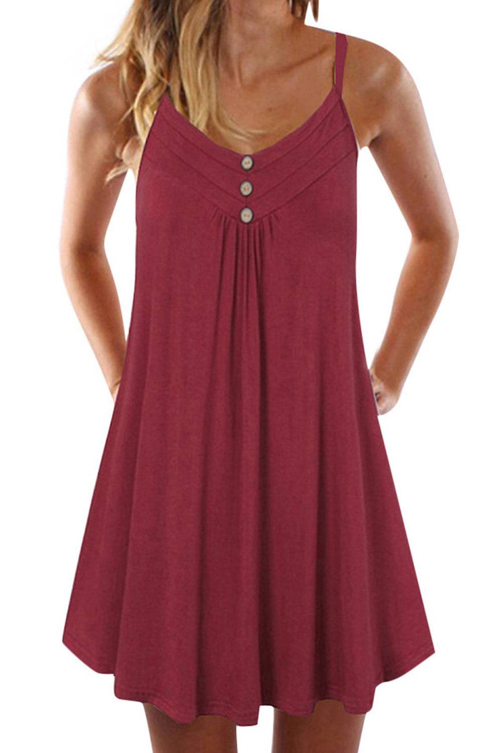 Burgundy Spaghetti Strap Buttoned Shift Dress