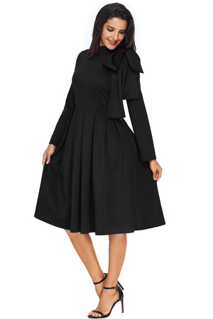 Black Bowknot Embellished Mock Neck Pocket Dress