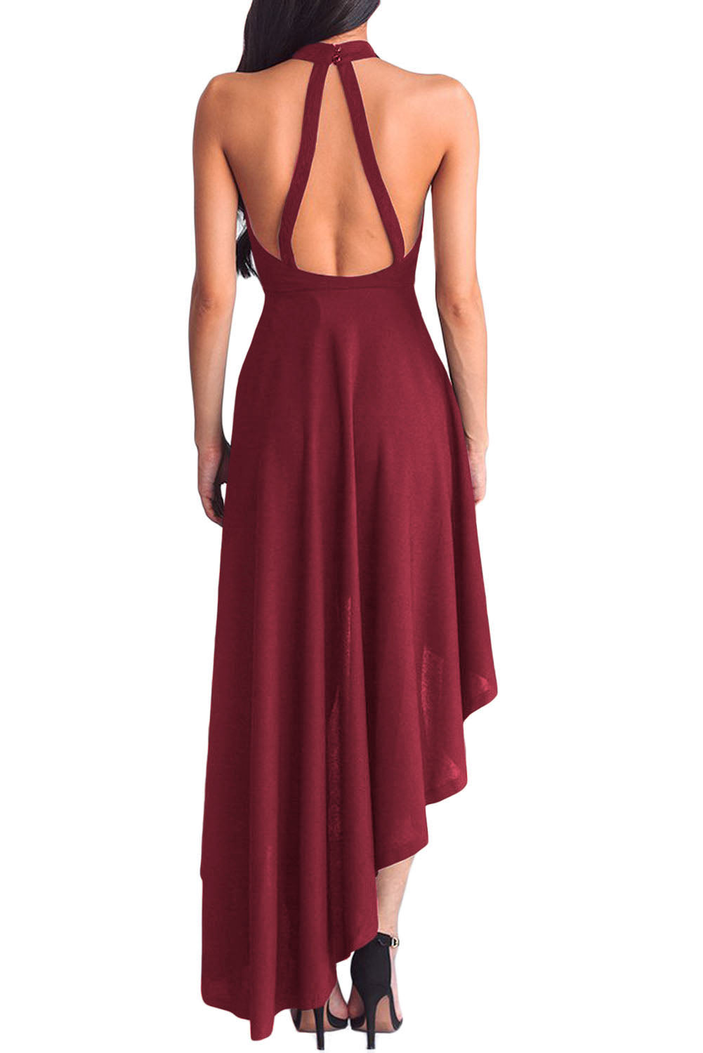 Burgundy Sheer Mesh Decolletage Hi-low Party Dress