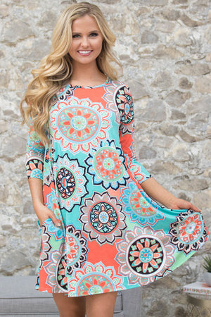 Bohemian Sunflower Print Aqua Blue Dress