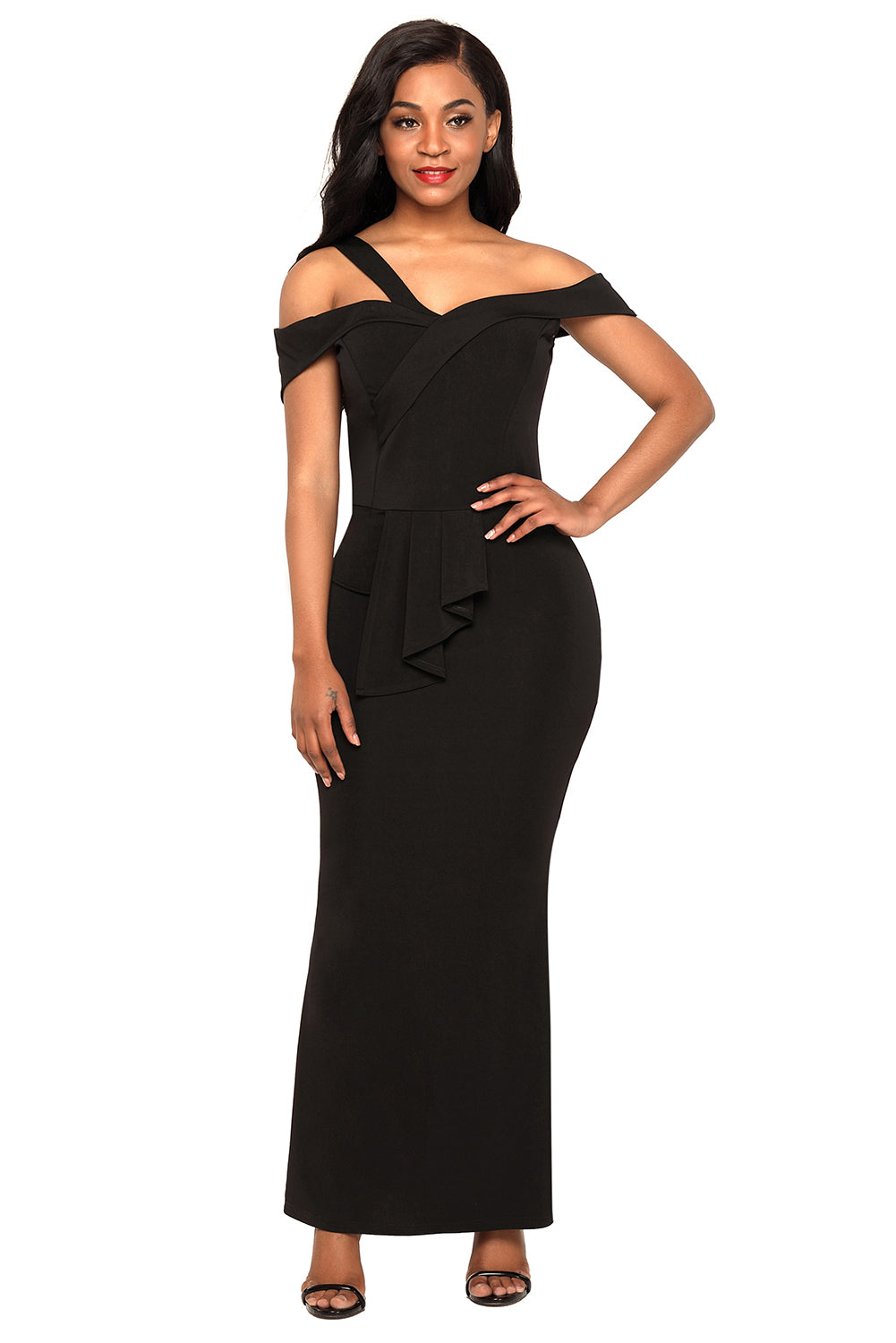 Black Asymmetric Off Shoulder Look High Waist Party Gown