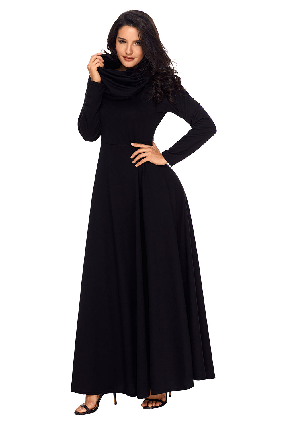 Black Cow Neck Long Sleeve Maxi Dress