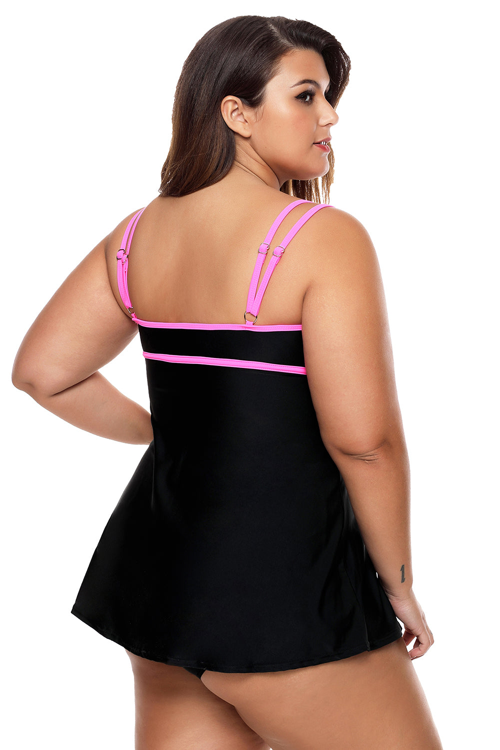 Stylish Double Shoulder Straps Black One-piece Swimdress
