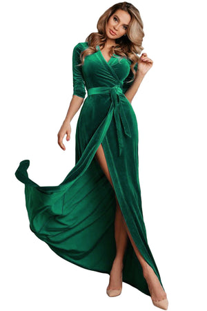 Turquoise Surplice V Neck Velvet Party Gown with Belt