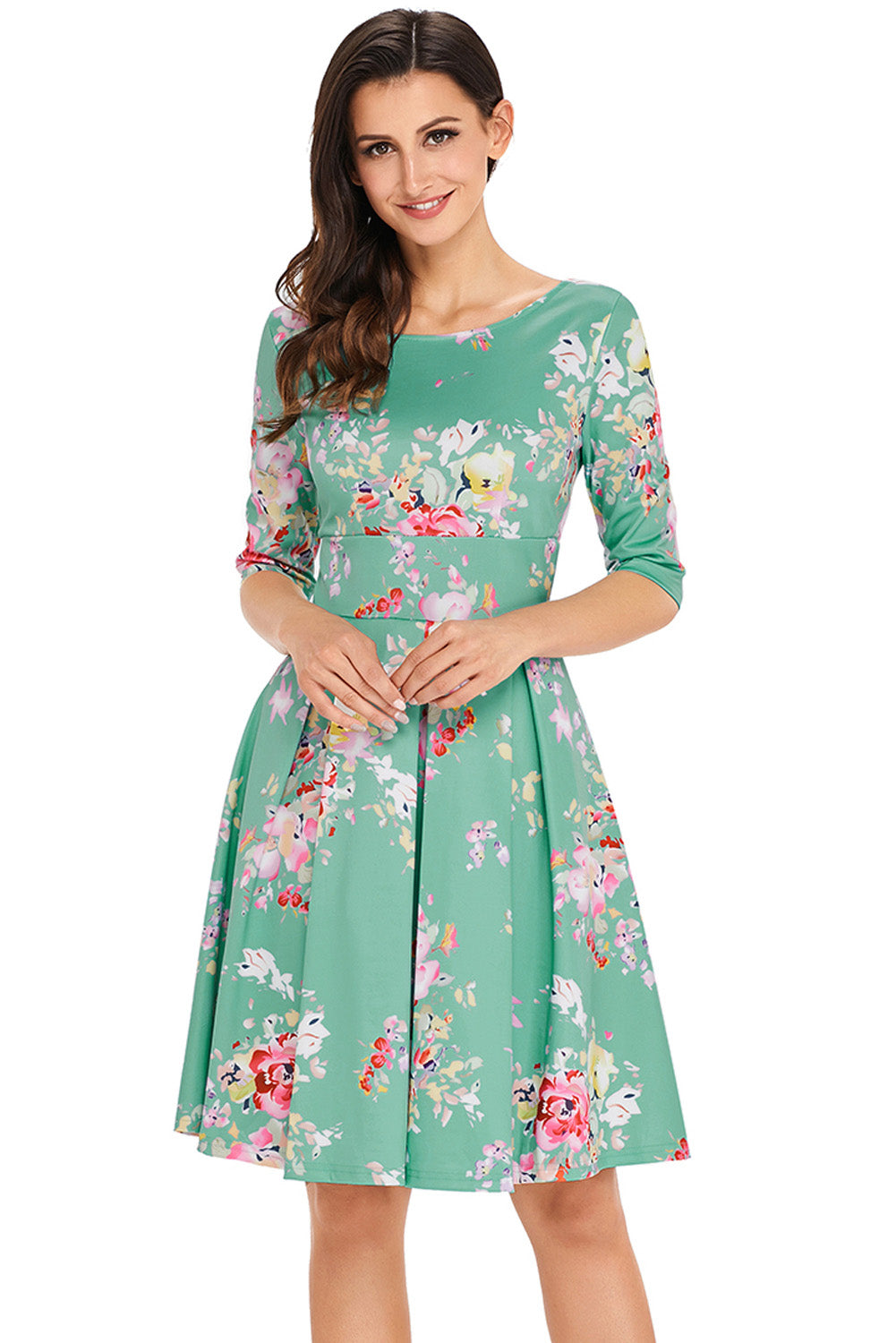 Mint Vintage Style Floral Half Sleeve Swing Dress